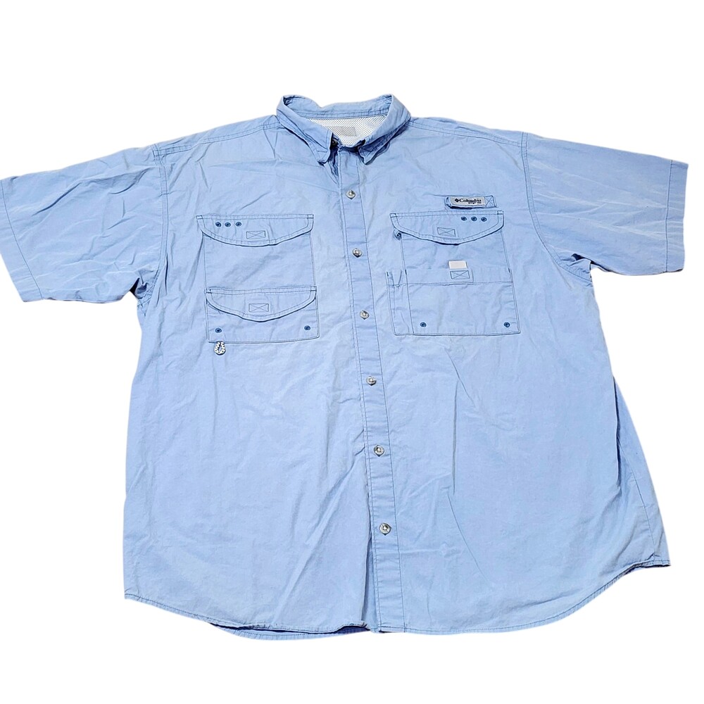 Columbia Shirt Mens 2XL Blue PFG Cotton Vented Fishing Short Sleeve Button